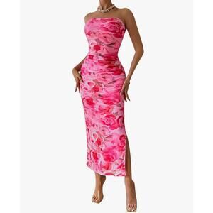 Pretty Garden Floral Strapless Ruched Mesh Maxi Dress- Size M- Pink Roses